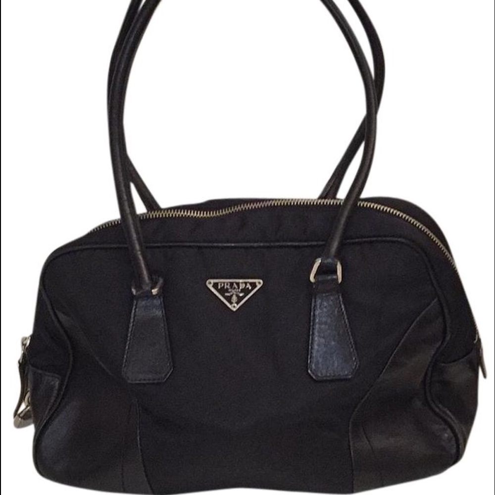 Prada Black Nylon Leather Triangle Logo Bowling Shoulder Bag